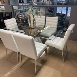 White and Natural Tone Dining Room Set / 7pc