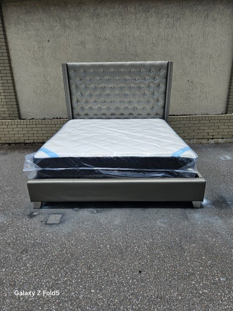 Silver King Size Sofia Vergara Upholstery Bed Frame With Brand New King Size Plush Pillow Top DreamCloud Premier Rest Mattress And Box Spring In Pla