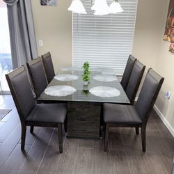 Modern Glass-Top Dining Table with Solid Wood Base