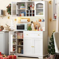 White Kitchen Pantry Cabinet with Hutch