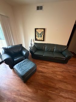 Dark Green Leather Sofa +  Armchair + Ottoman