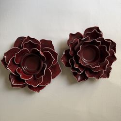 Ceramic Lotus Flower Candle Holders (Pair) - Burgundy Red - Votive / Tea Light