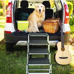 EHEYCIGA Foldable Dog Car Ramp for Large Dogs, Portable Dog Steps for SUV, Aluminum Dog Stairs with Non-Slip Surface for High Beds, Trucks and SUVs, 4