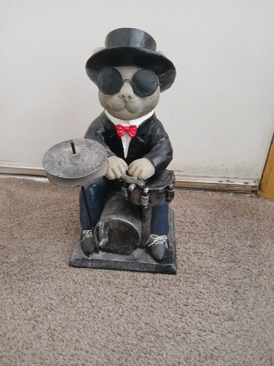 Ceramic  DRUMMER  FIGURE/ COOL 😎 CAT, Playing Drums , And with CYMBALS NOW!!  $25.00 