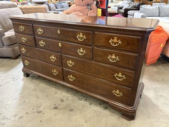 DREXEL Vintage Cherry 10 Drawer Triple Dresser with Brass Batwing Swing Pulls