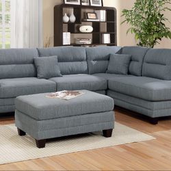 Brand New Grey 3pc Reversible Sectional Sofa With Ottoman