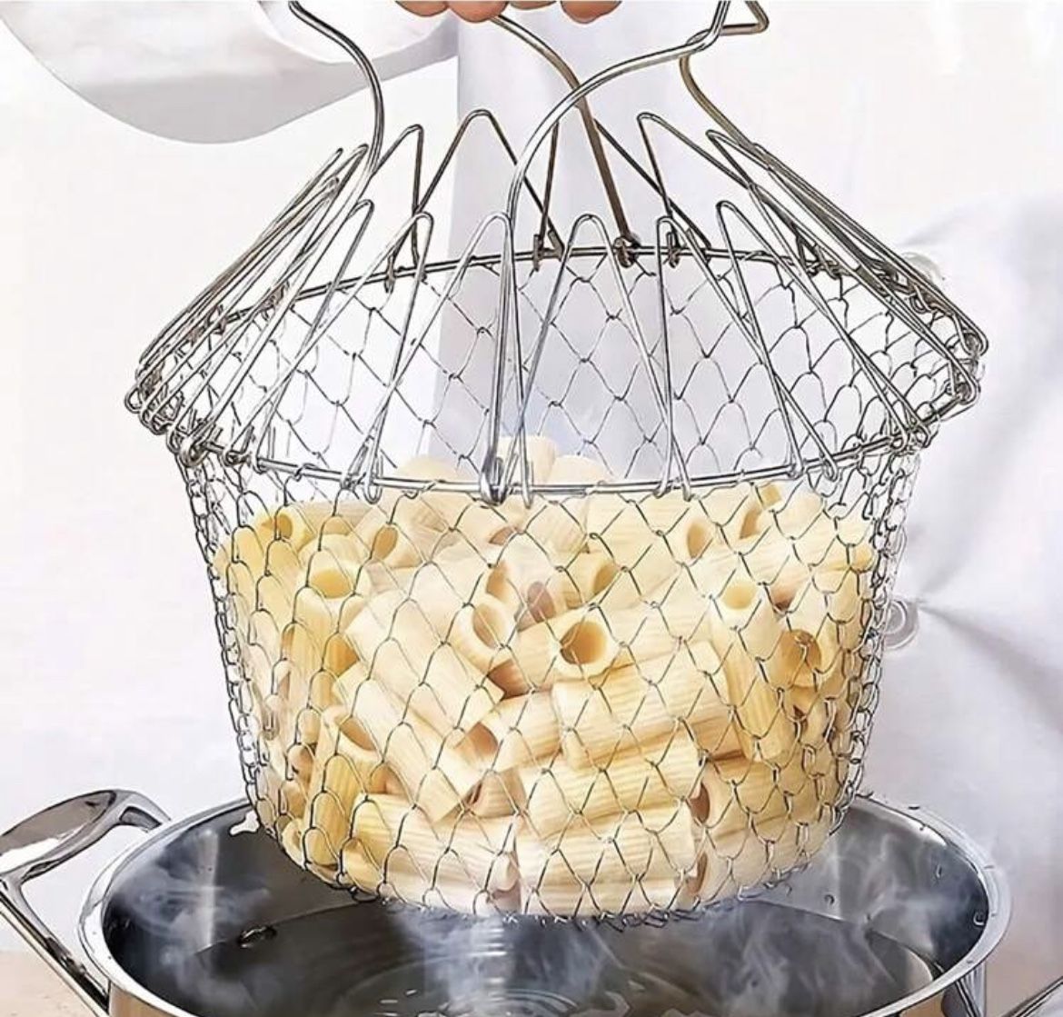 1pc Stainless Steel Folding Fry Basket Circular Strainer For French Fries/Chicken Wings, Drainage Basket For Frying Food,Kitchen,Summer Beach Party,Fo