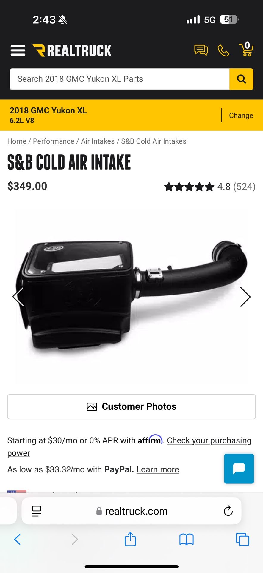 S&B Cold Air Intake For GM 6.2L