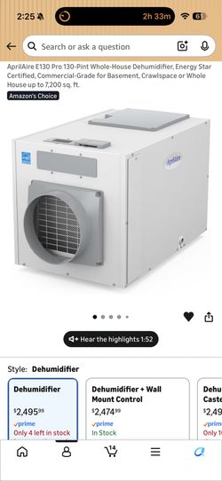 AprilAire E130 Pro 130-Pint Whole-House Dehumidifier, Energy Star Certified, Commercial-Grade for Basement, Crawlspace or Whole House up to 7,200 sq.