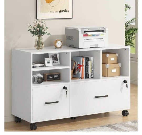 Cabinet with Lock, Lockable Rolling Filing Cabinet with Storage Shelves, Printer Stand Office Storage for Home Office Fits Files Legal/A4,White