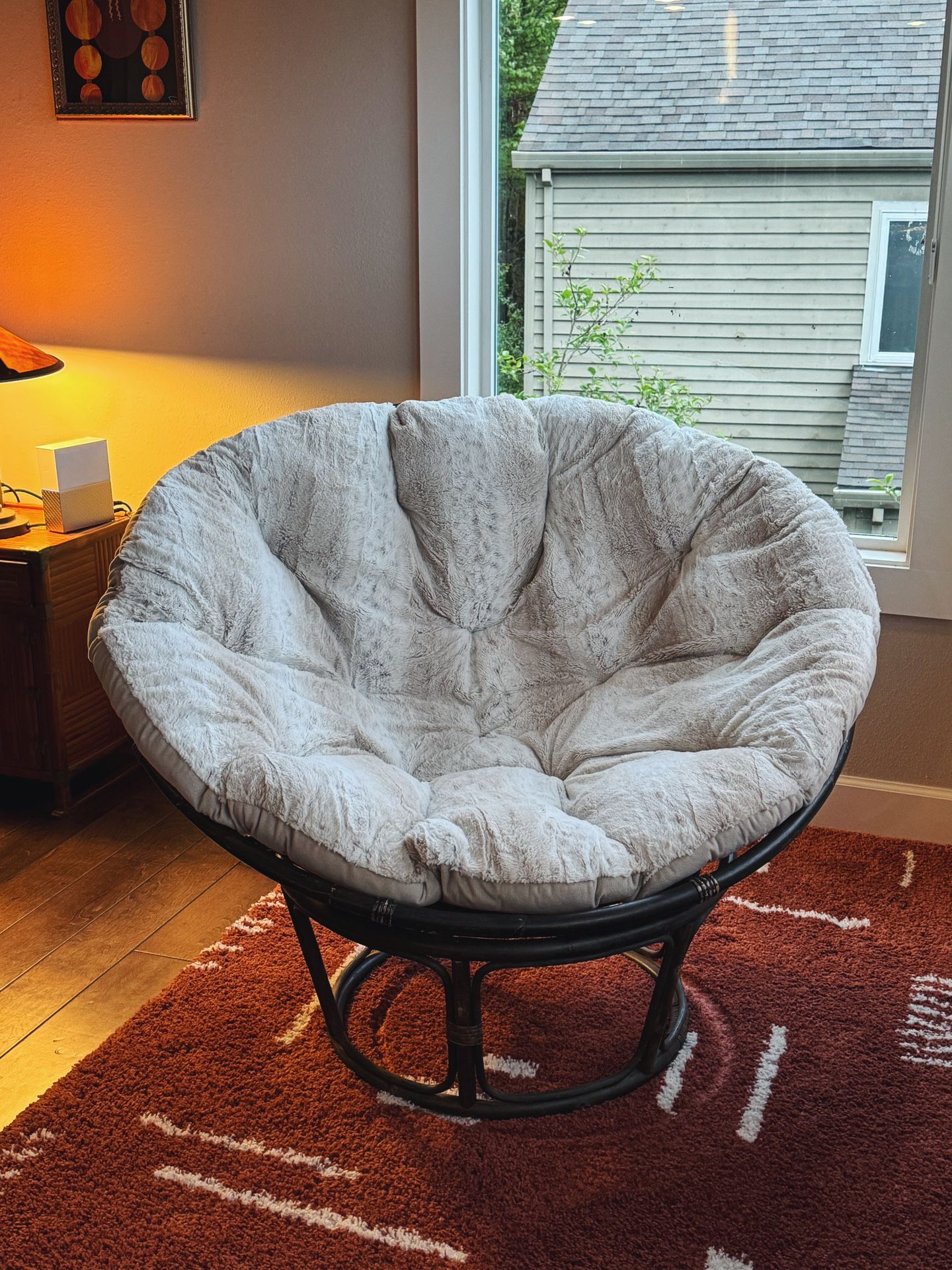 Comfy Papasan Chair with Soft Beige Cushion—Like New Condition, Shoeless House