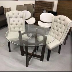 Top Glass Round Table And 2 Linen Chairs ☄️ 3 Piece Kitchen/ Dining Set 💥 Brand New👍 Financing And Delivery Available✅