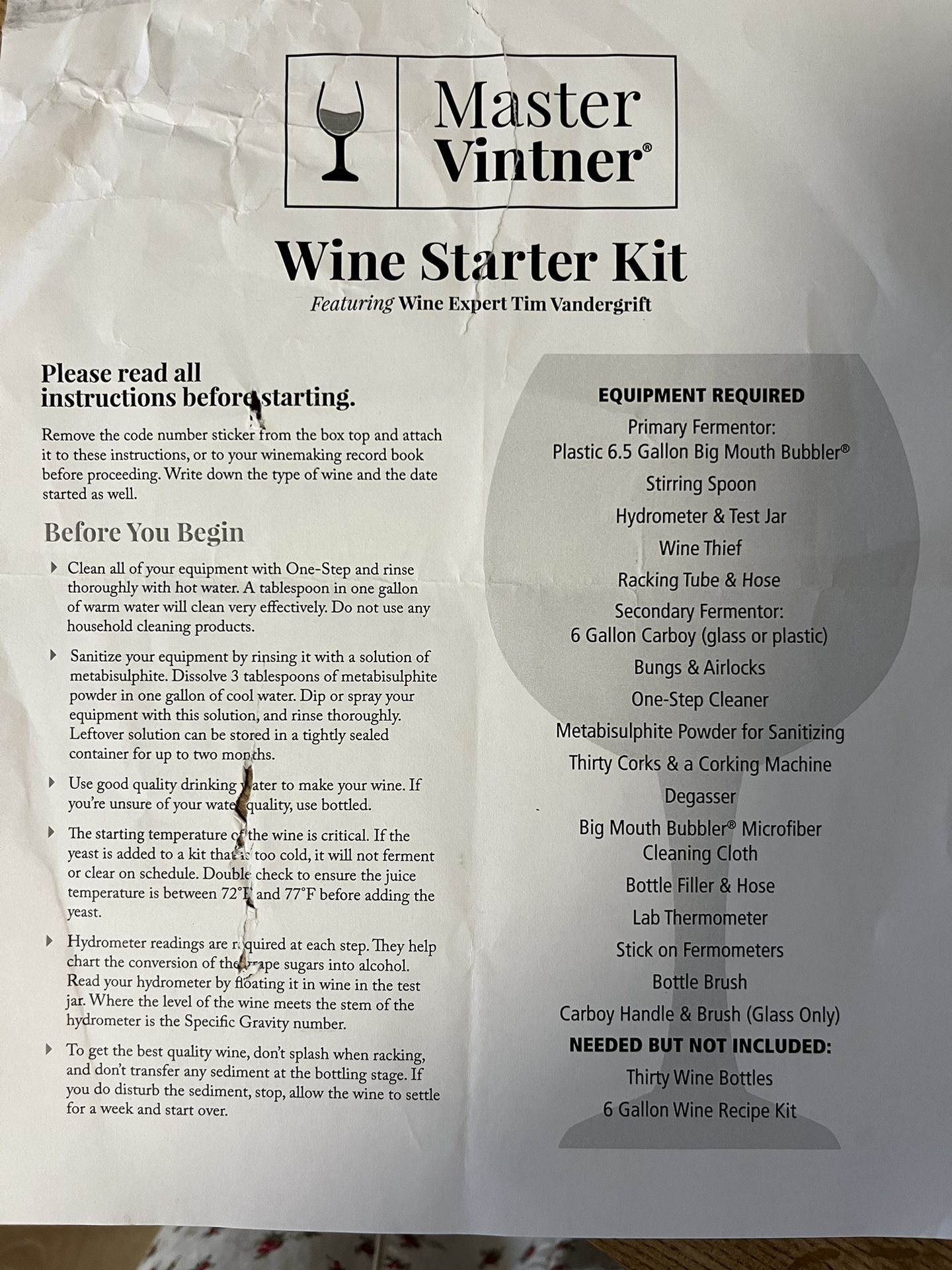 Glass Winemaking Kit- New In Box
