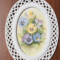 Vintage HOMCO Pansies In Braided White Plastic Frame 2384 Fran Anderson 17 x 13" 