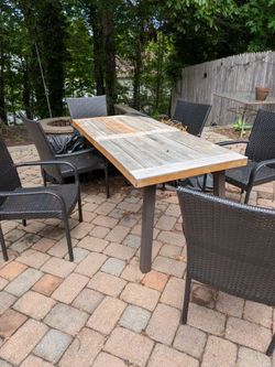 6-Chair Solid Wood & Wicker Patio Dining Set