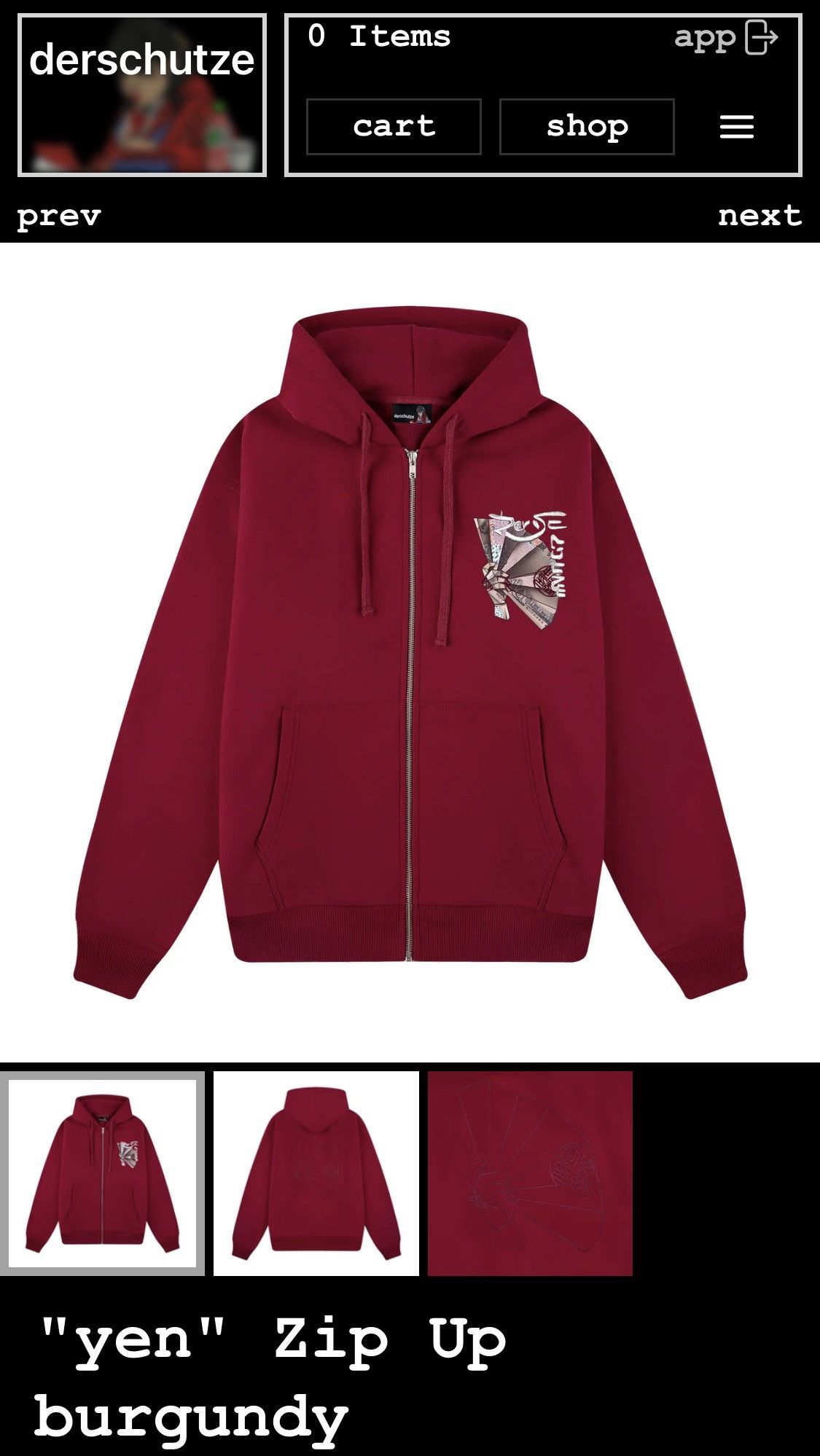 Derschutze "Yen" Burgundy Zip-Up Hoodie