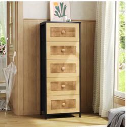 5 Drawers Rattan Dresser, Tall Fabric Storage Tower