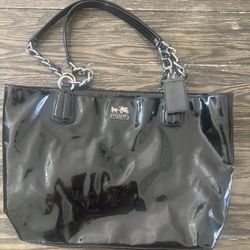 Authentic Coach Black Patent Leather Chain Strap Tote