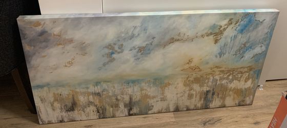 Large wall hanging painting - Blue white green gray gold canvas wrapped on wood