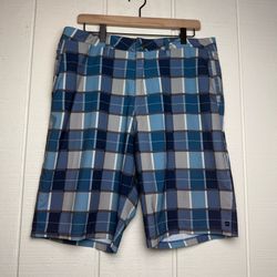 Quiksilver Amphibians Board Shorts Men’s 36 Blue Plaid Hybrid Swim Surf Shorts