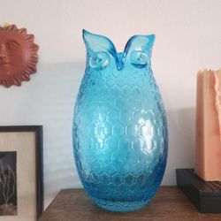 MCM Large Blue Honeycomb Art Glass Owl Vase
