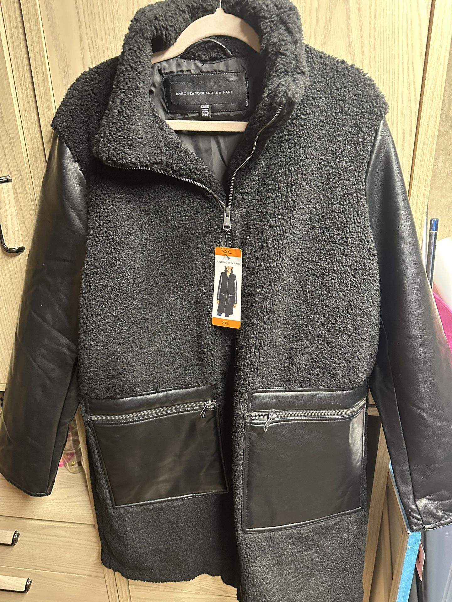 Brand New With Tags Black Teddy Winter Jacket With Faux Leather Sleeves And Pockets