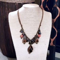 Edgy Earthy Antiqued Porcelain Brass Glass Bauble and Beads Handcrafted Necklace