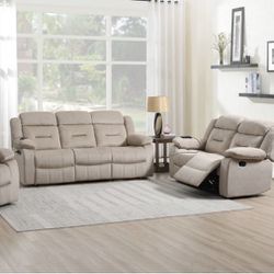 Beige Recliner Sofa And Loveseat With USB Ports Brand New