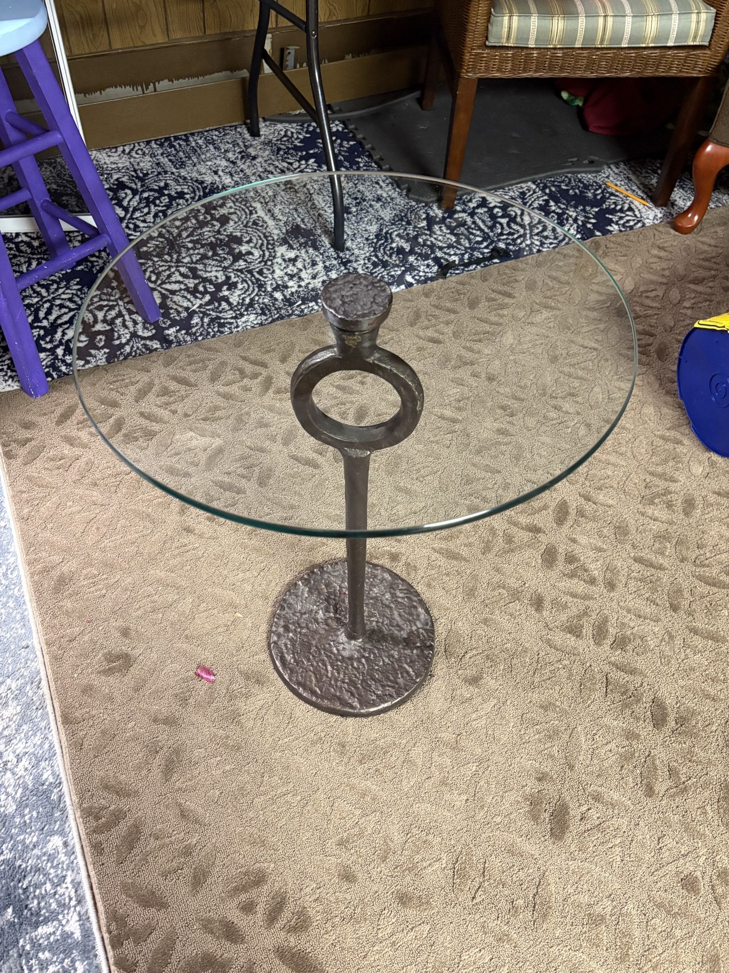 Glass Side Table W/ Cast Iron Base
