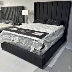 (NEW IN BOX) 6FT Tall King & Queen Size Black Fabric Bed Frame 