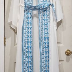 White And Blue Embroidered Palestinian Maxi Thobe Cardigan Abaya Open From The Front