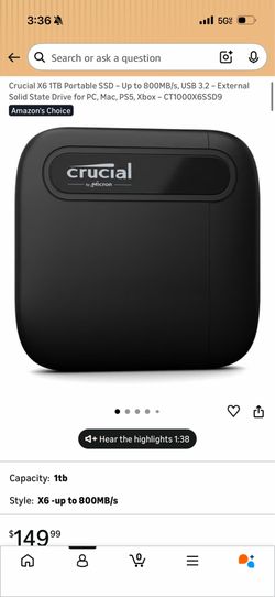 Crucial X6 1TB Portable SSD - Up to 800MB/s,