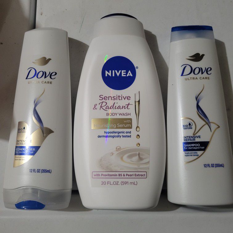 Dove Intensive Repair Shampoo 12oz, Dove Intesive Repair Conditioner 12oz Bottle, & NIVEA  Botanical Blossom (20oz) For $10/$10 Por Los 3
