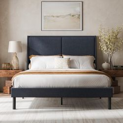Queen Size Bed Frame with 51.2" Tall Double Backrest Headboard, Metal Platform Bed Frame, No Box Spring Needed，Navy Blue
