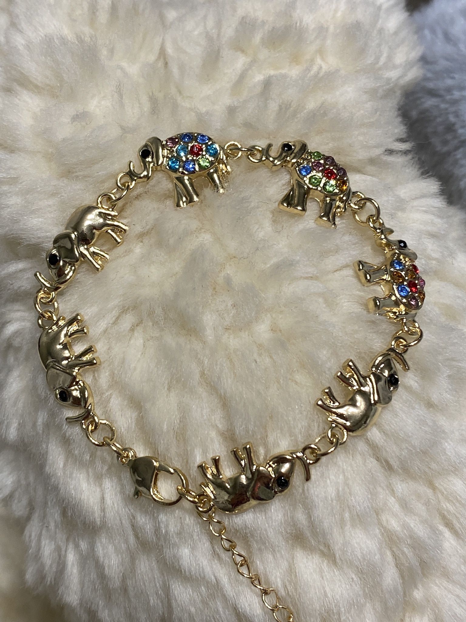 Gold Plated Bracelet With Multicolored Elephants 7”