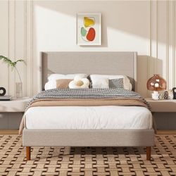 Full Size Linen Platform Bed Frame with Wingback Upholstered Headboard
Wooden Slats Support, No Box Spring Needed, Easy Assembly, Noise Free, Beige