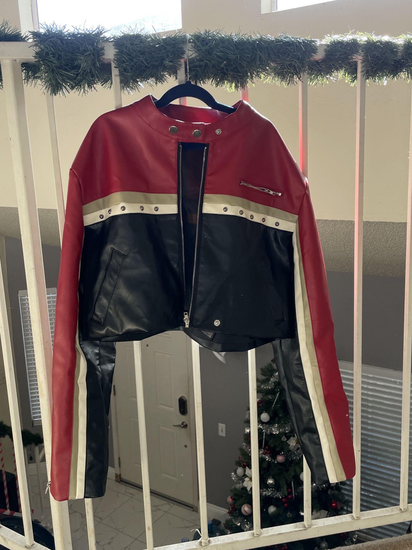 Vegan Leather Stripe Studded Moto Jacket