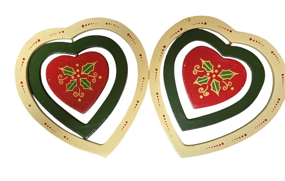 2 wooden Scandinavian looking 3 heart Christmas ornaments. matching pair