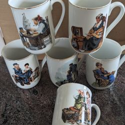 Vintage  6 Norman Rockwell museum Mugs made in japan& 4 plates with gold trim  (each  $5 