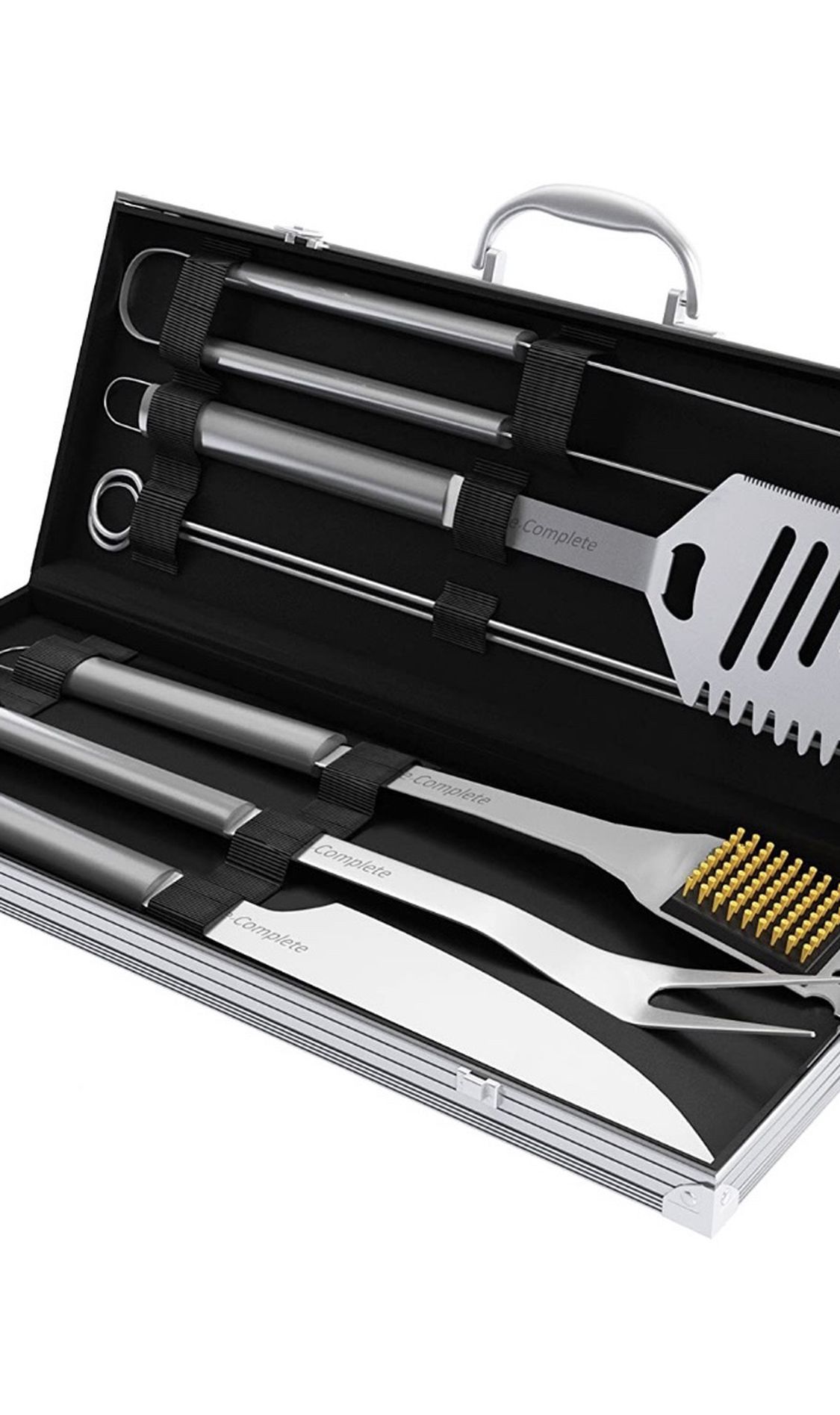 Home-Complete BBQ Grill Tool Set- Stainless Steel Barbecue Grilling Accessories Aluminum Storage Case, Includes Spatula, Tongs, Basting Brush