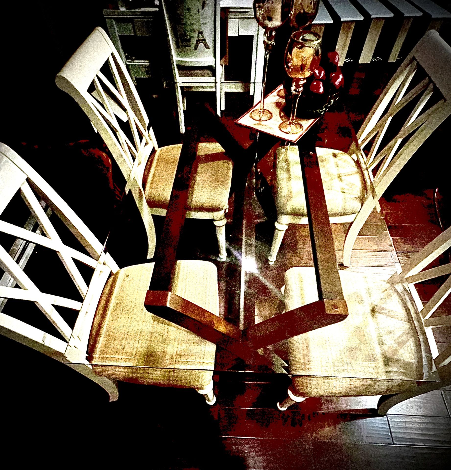 Glass Kitchen table And 4 Beautiful Cream Lacquer Chairs W A Mustard Color Plush Cushion