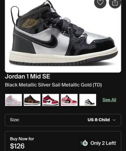 Jordan 1 Mid SE
Black Metallic Silver Sail Metallic Gold (TD)
Used
Size 8c