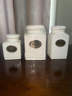 White Ceramic Kitchen Canister Set – Tea, Coffee & Treats