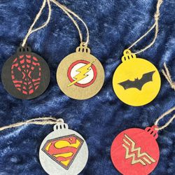 Woodburned Superhero Ornaments 