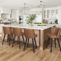 LUE BONA 360-degree Swivel Bar Stools Set of 4, 26" Counter Height Bar Stools with High Back and Wood Legs, Morden Faux Leather Upholstered Barstools 