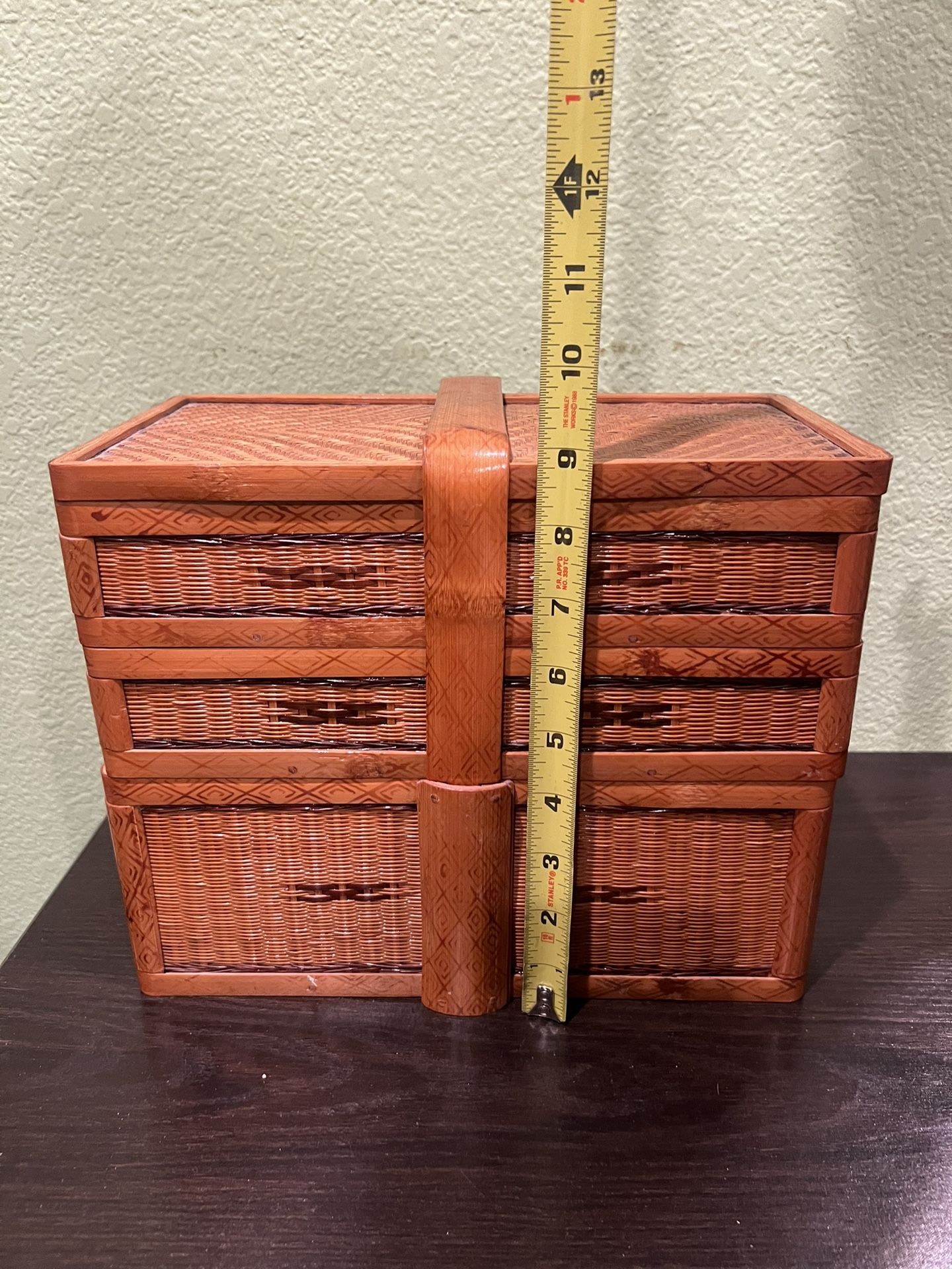 Vintage Chinese Rattan Food Picnic Three Tier Basket 1950s 9”Hx 11”Wx6”D