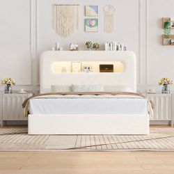 White Queen LED Bed Frame with Storage Headboard & Charging Station
