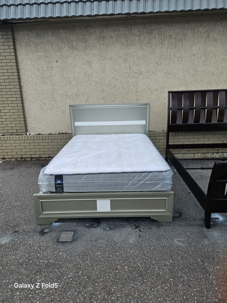 Silver Queen Size Solid Wood Bed Frame With Brand New Queen Size Plush Sealy Posture Pedic Mattress And Box Spring In Plastic