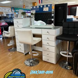New White Vanity Desk & Alluring LED Mirror Bundle Set