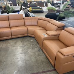 NEW faux leather Cognac large modern sectional sofa with power recliners and adjustable headrests